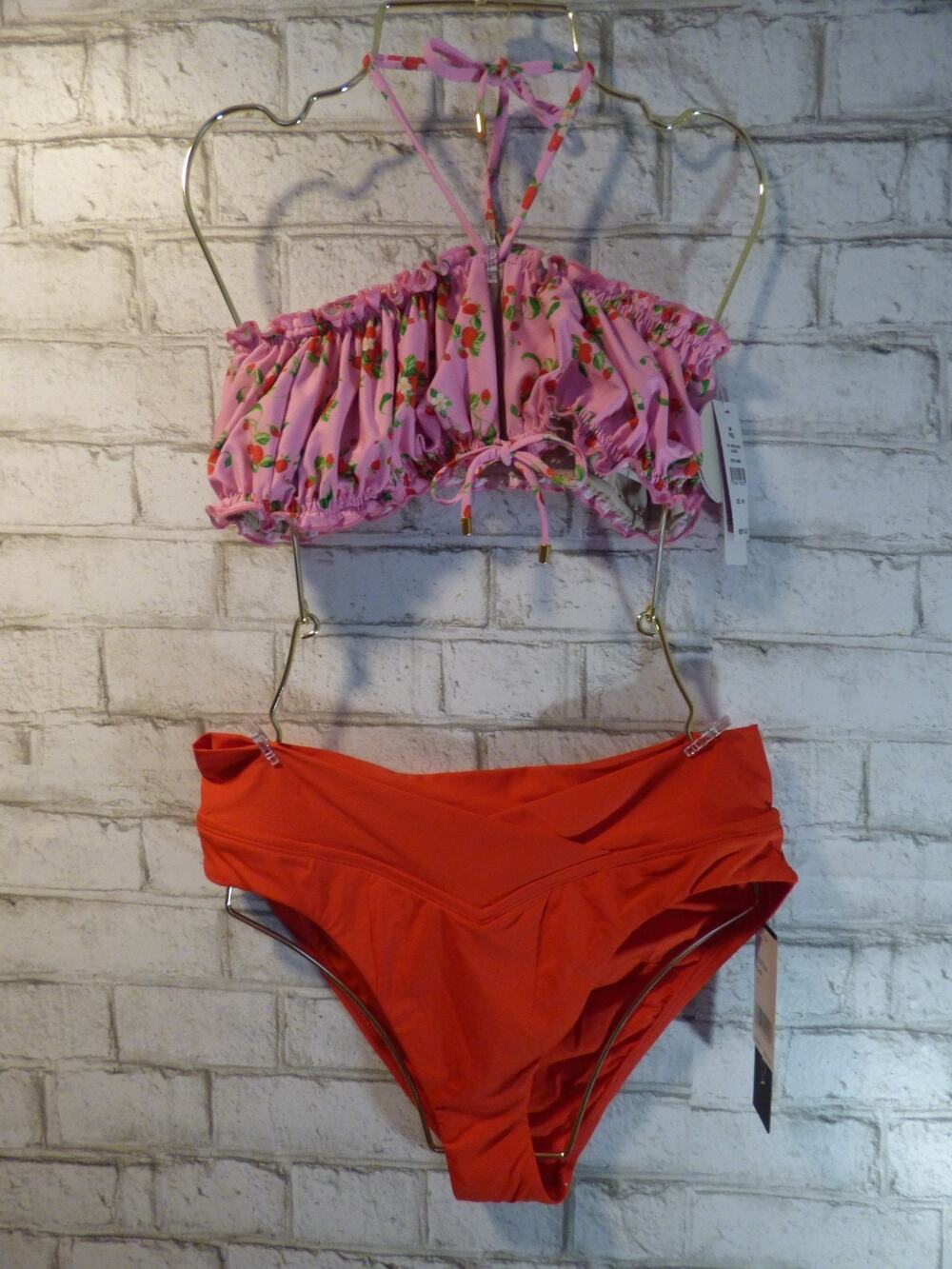 Pilyq Remi Strawberry Bandeau Top & La Blanca Cherry Red Bikini Bottoms M NEW